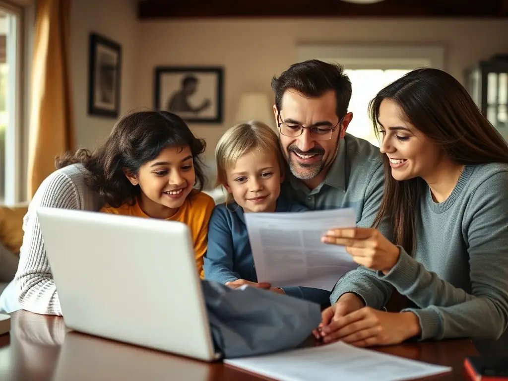 A concerned family is gathered around a table, reviewing important documents, symbolizing the security provided by mortgage protection insurance.